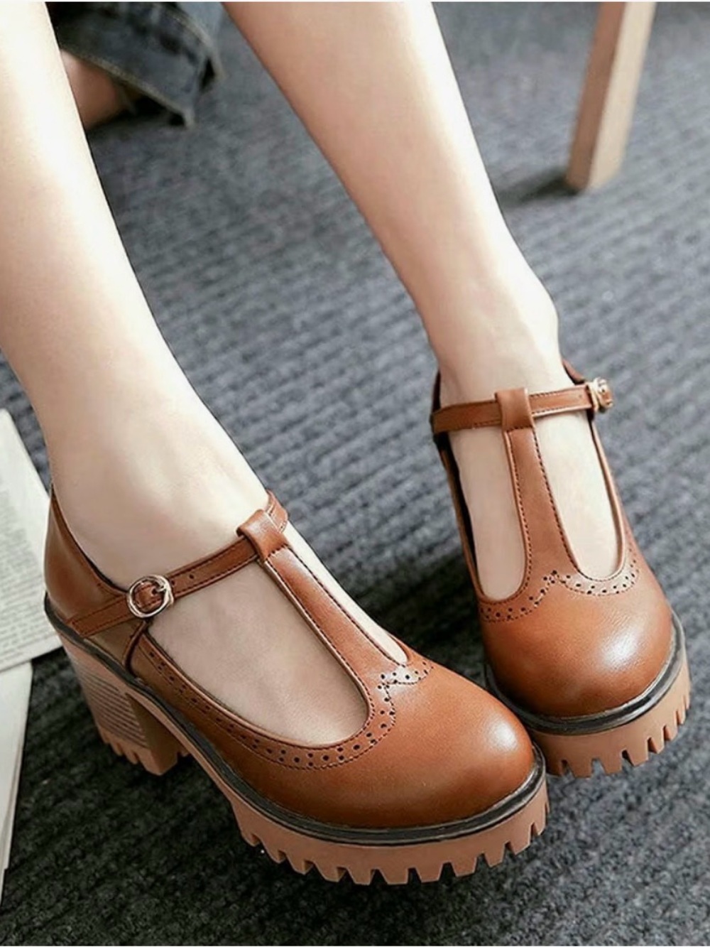 Classic T-Strap Mary Jane Pumps in Brown Alsoloveu
